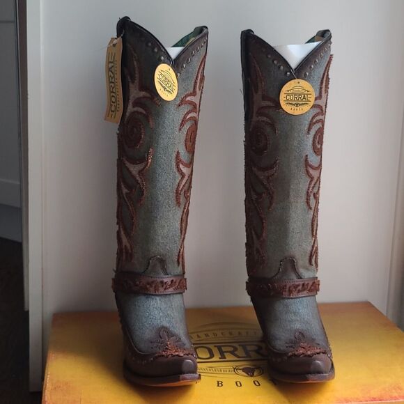 Corral Ladies Denim Bristle Embroidery & Studs Tall Western Boots - Picture 6 of 10